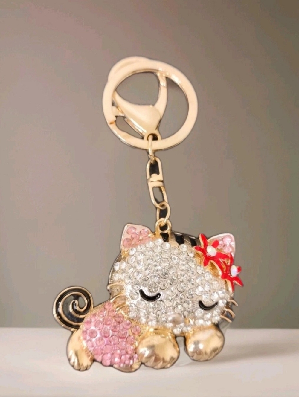 Crystal Kitty Keychain with Pink Accents